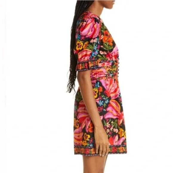 RARE Farm Rio Spring Banana Floral Mini Dress Pleated V-Neck Black XL - Picture 2 of 7